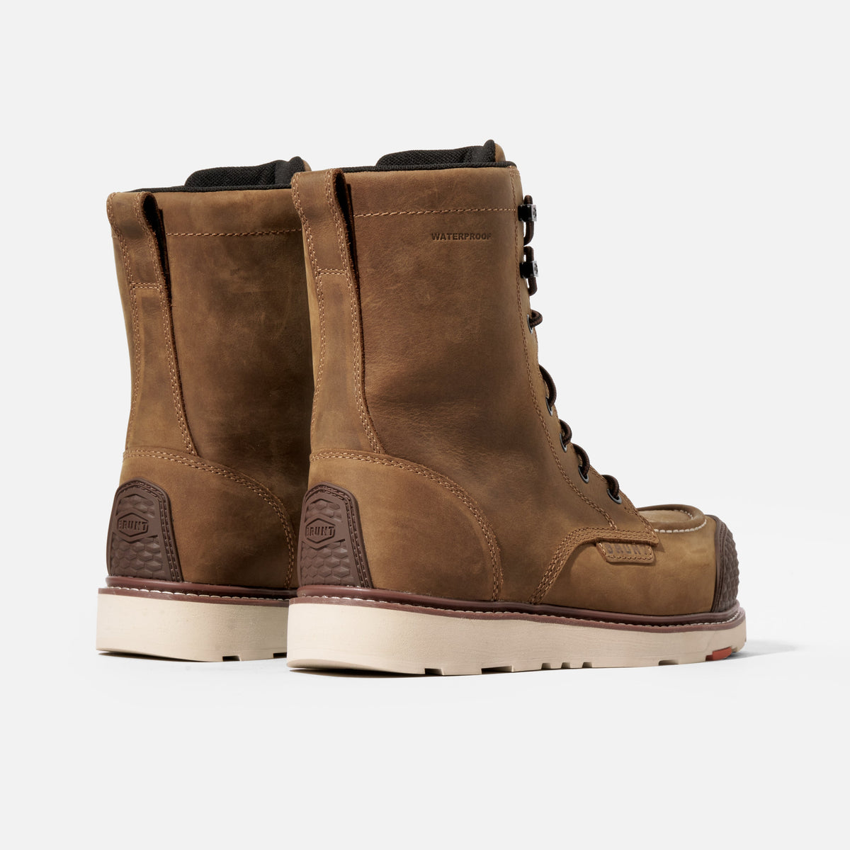 45 degree angle of the back BRUNT 8 inch waterproof composite toe marin work boot in brown