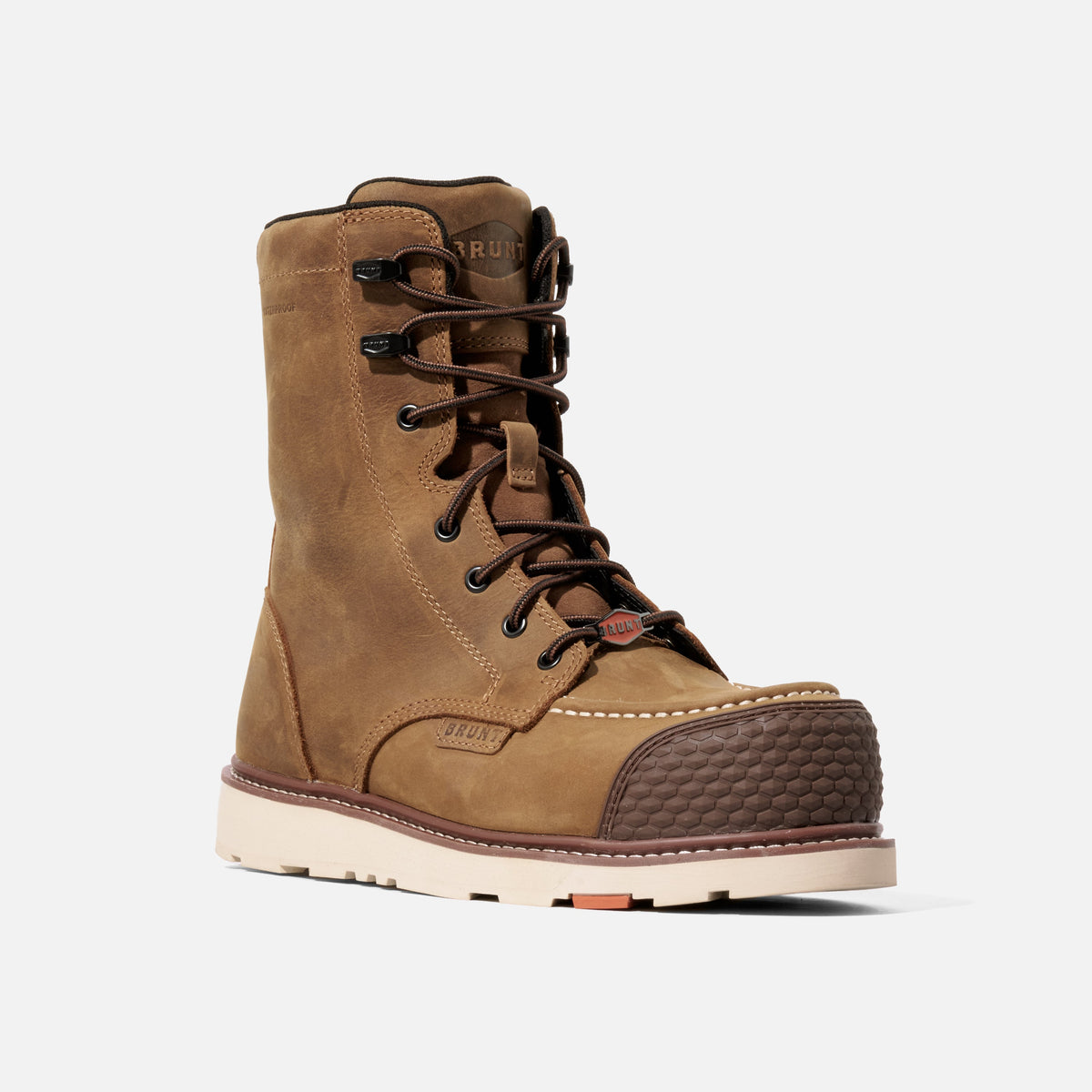 View 2 45 degree angle of the right BRUNT 8 inch waterproof reinforced composite toe marin work boot in brown