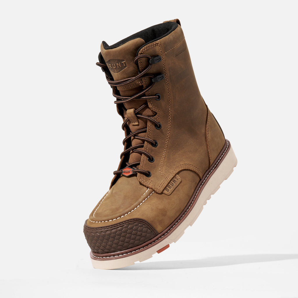 45 degree angle of the left BRUNT 8 inch waterproof composite toe marin work boot in brown