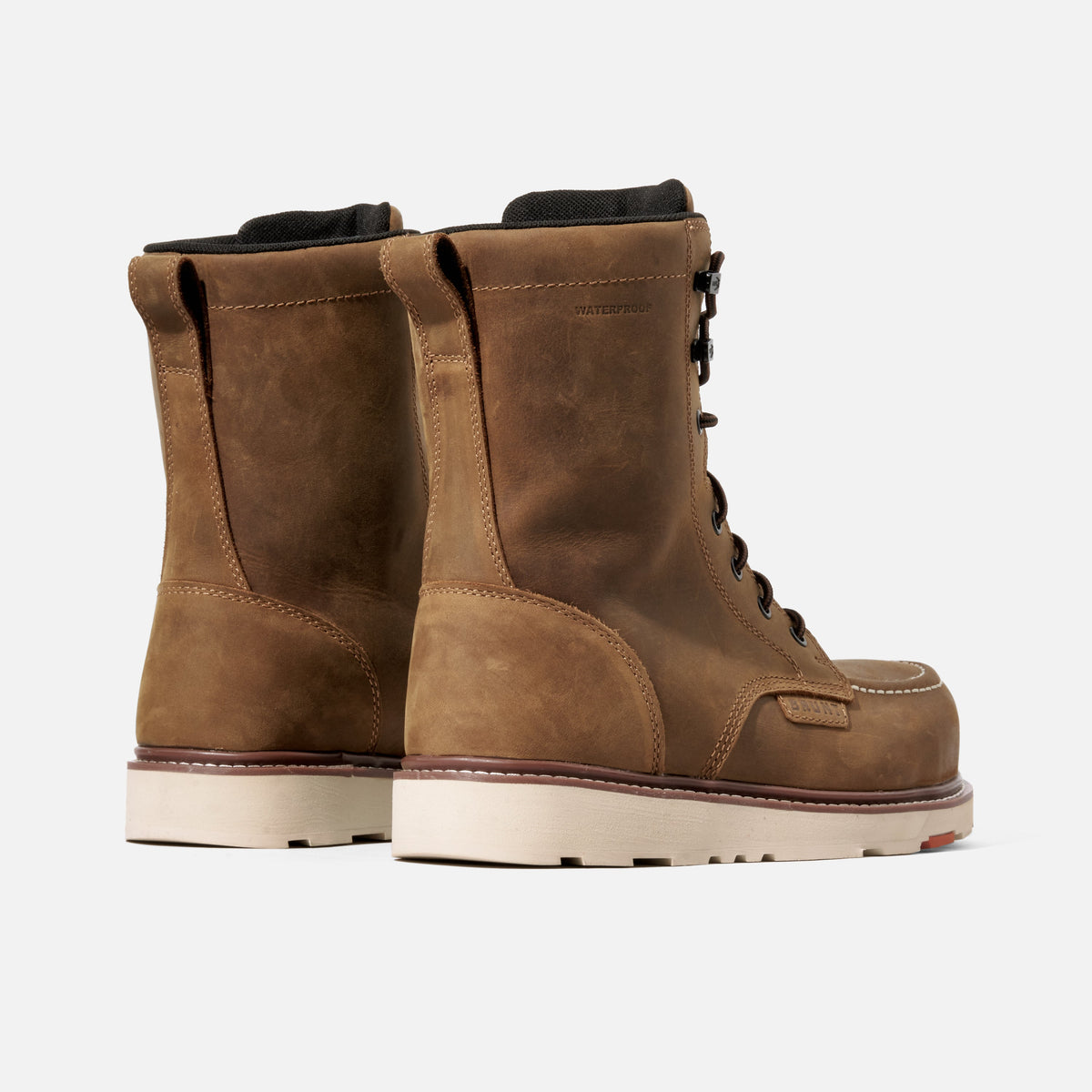 45 degree angle of the back BRUNT 8 inch waterproof moc toe marin work boot in brown