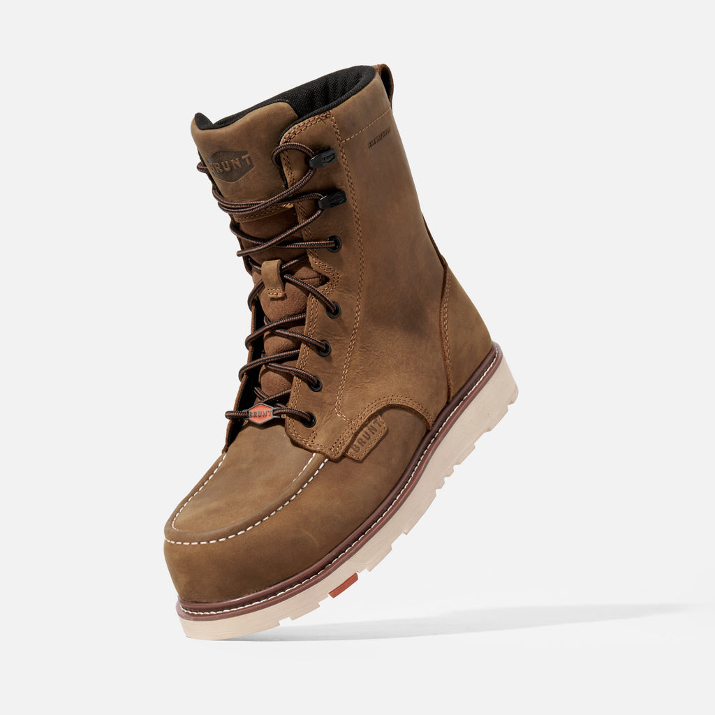 45 degree angle of the left BRUNT 8 inch waterproof moc toe marin work boot in brown