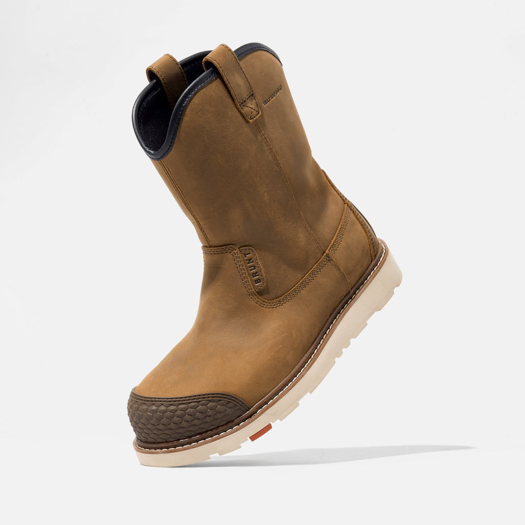 45 degree angle of the left BRUNT 9 inch waterproof reinforced composite toe roper bolduc work boot in brown
