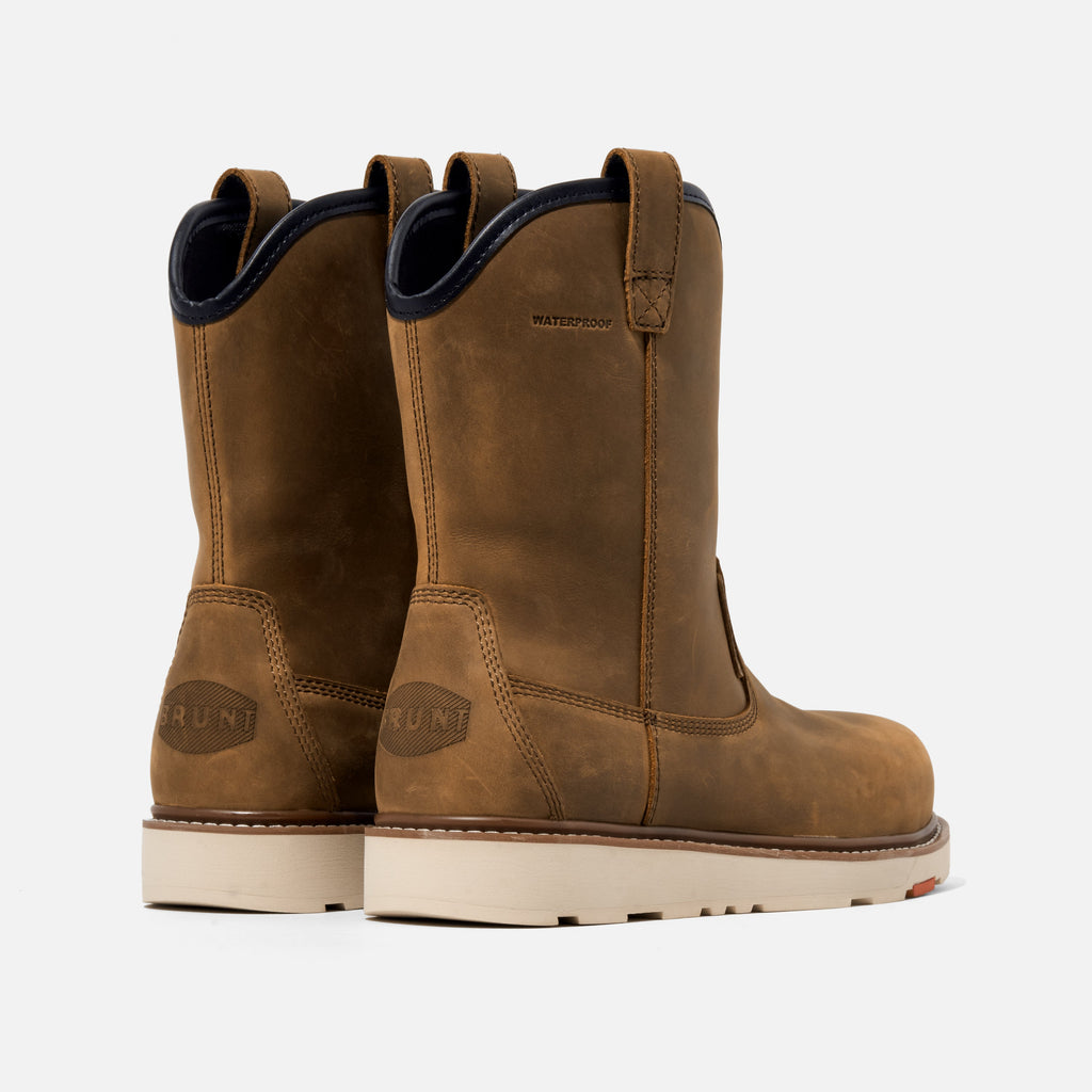 45 degree angle of the back BRUNT 9 inch waterproof soft toe roper bolduc work boot in brown