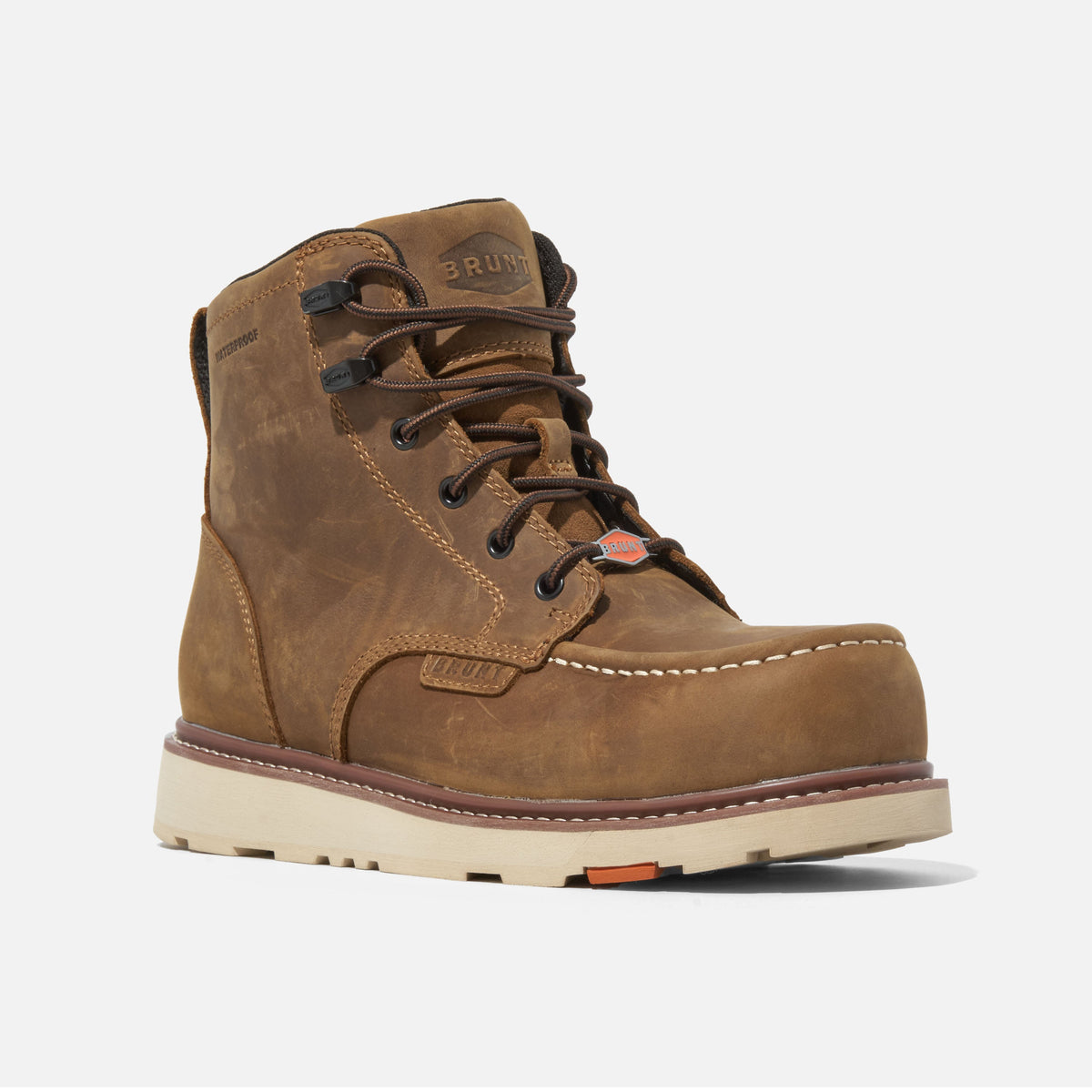 45 degree angle of the left BRUNT 6 inch waterproof moc toe marin work boot in brown * 0