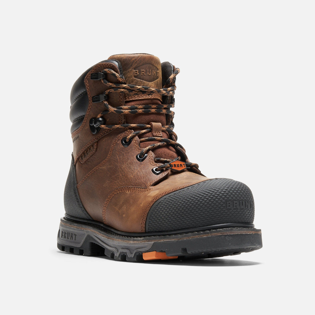 45 degree angle of the right BRUNT 6 inch waterproof welted composite toe mulder work boot with 90 degree defined heel in  brown * 0