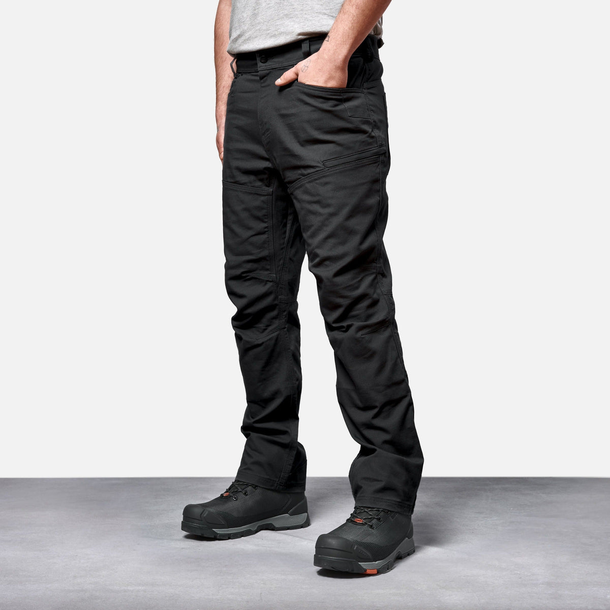 45 degree angle of front left side of BRUNT water resistant double-knee torra hd work pant in black * 2