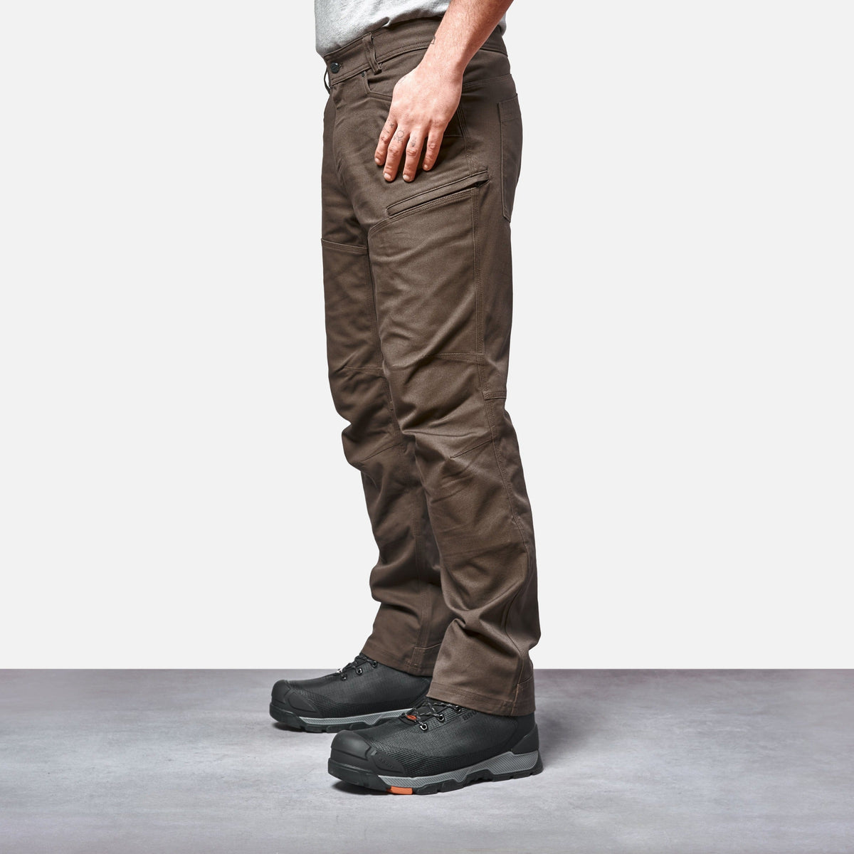  45 degree angle of front left side of BRUNT water resistant double-knee torra hd work pant in brown * 3