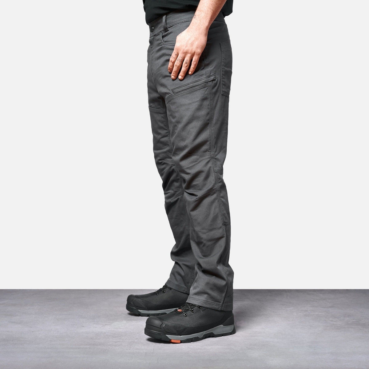 45 degree angle of front left side of BRUNT water resistant double-knee torra hd work pant in charcoal * 1