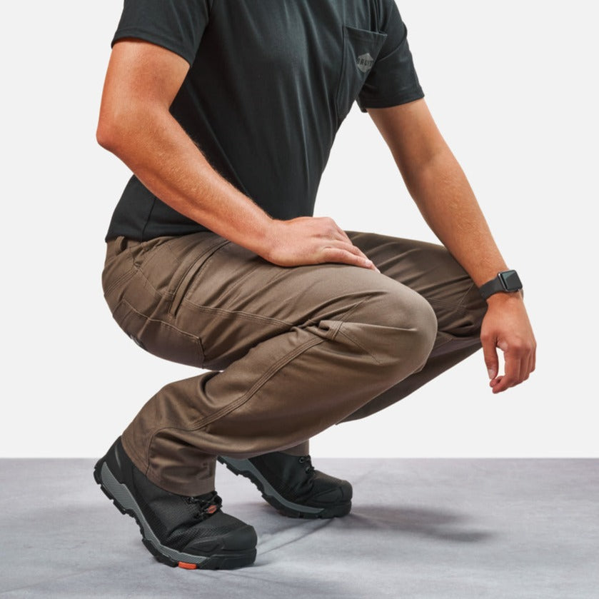 Squatting in BRUNT water resistant stretch torra work pant in brown * 4