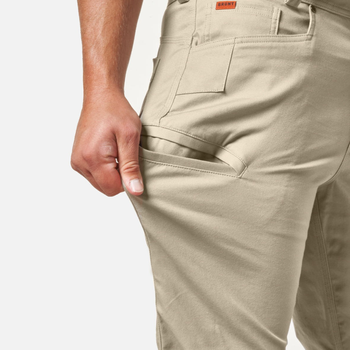 Stretching pocket of BRUNT water resistant stretch torra work pant in khaki * 2