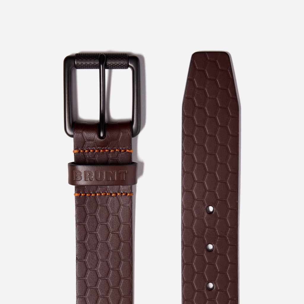 Buckle and end of BRUNT leather belt with BRUNT logo pattern in dark brown