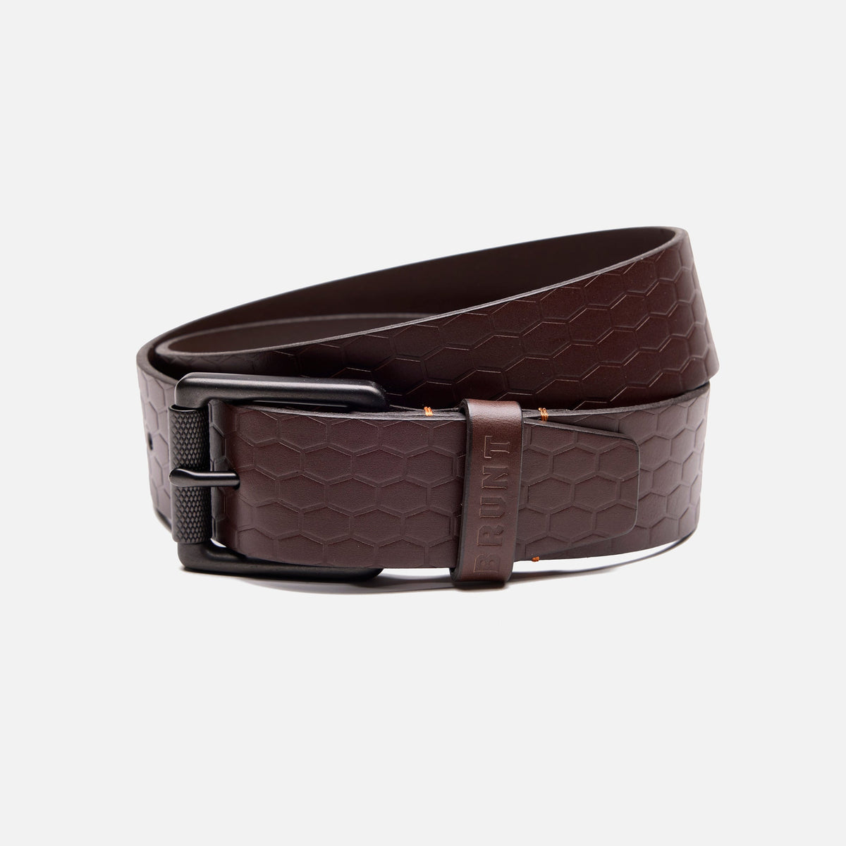 BRUNT leather belt with BRUNT logo pattern in dark brown rolled up