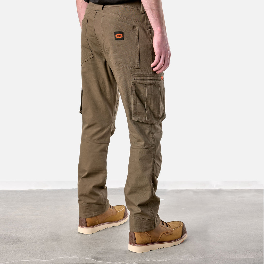 45 degree angle of back right side of BRUNT water resistant double knee cargo pants in brown * 2