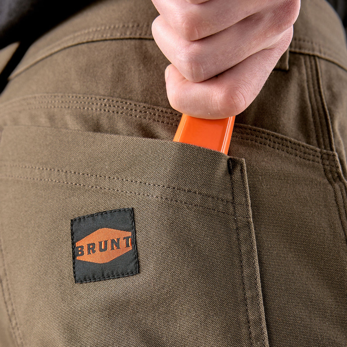 Back pocket of BRUNT water resistant double knee cargo pants in brown * 2