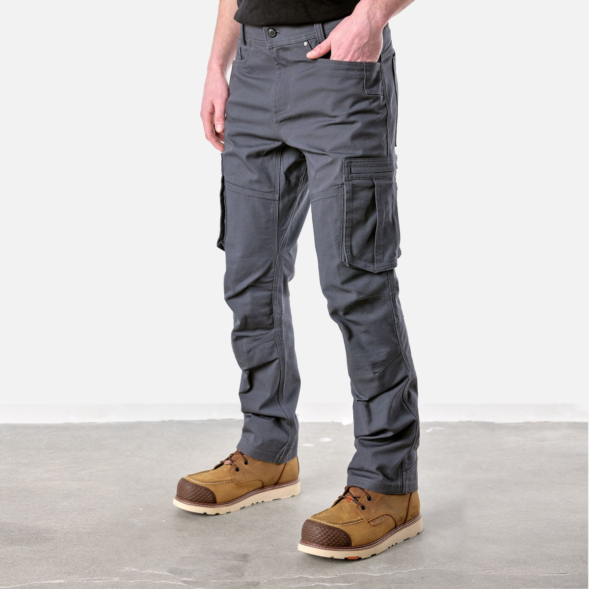 45 degree angle of front left side of BRUNT water resistant double knee cargo pants in charcoal * 0