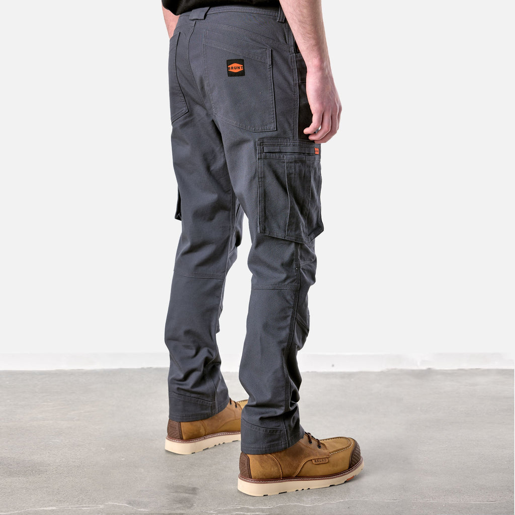 45 degree angle of back right side of BRUNT water resistant double knee cargo pants in charcoal * 0