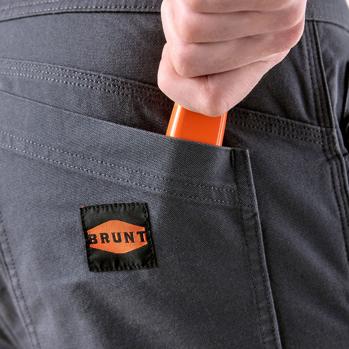 Back pocket of BRUNT water resistant double knee cargo pants in charcoal * 0