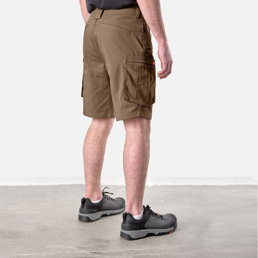 45 degree angle of back right side of BRUNT abrasion resistant cargo work shorts in brown * 1