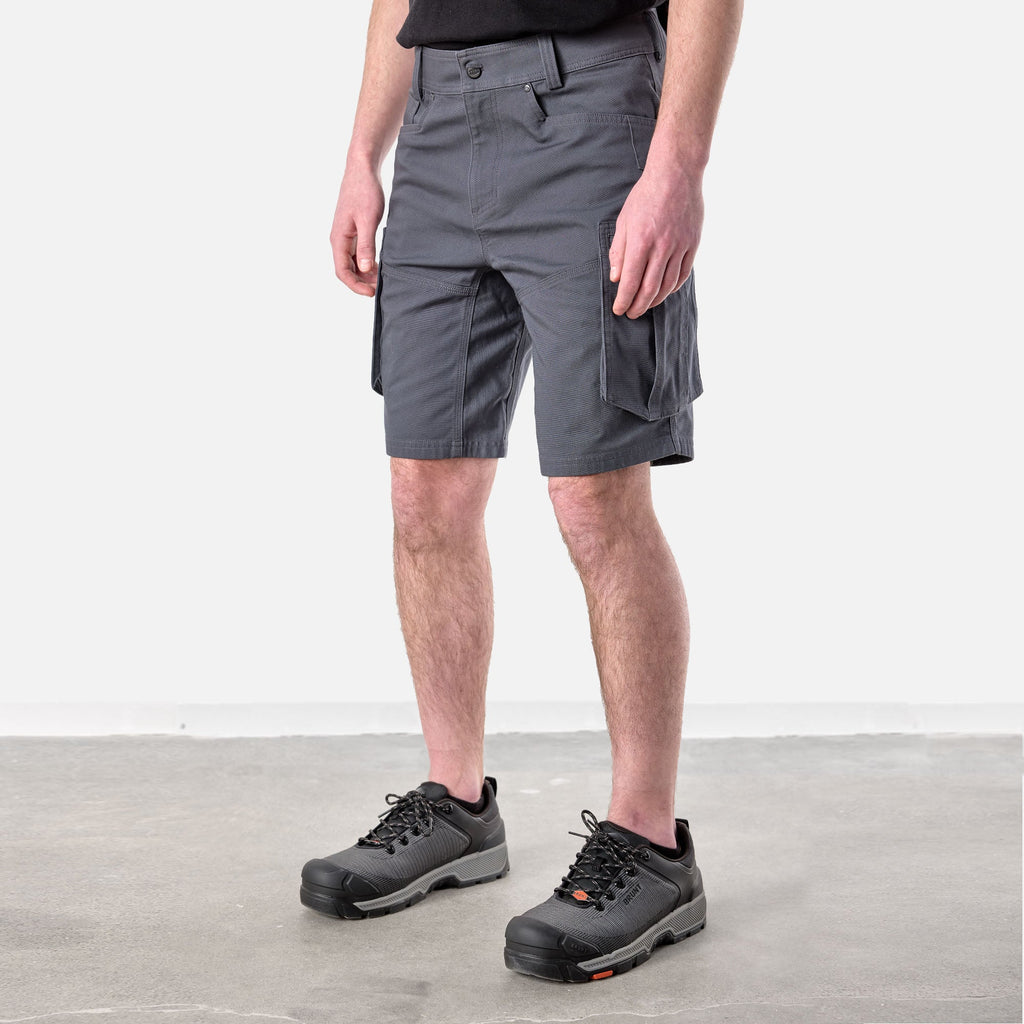 45 degree angle of front left side of BRUNT abrasion resistant cargo work shorts in charcoal * 2