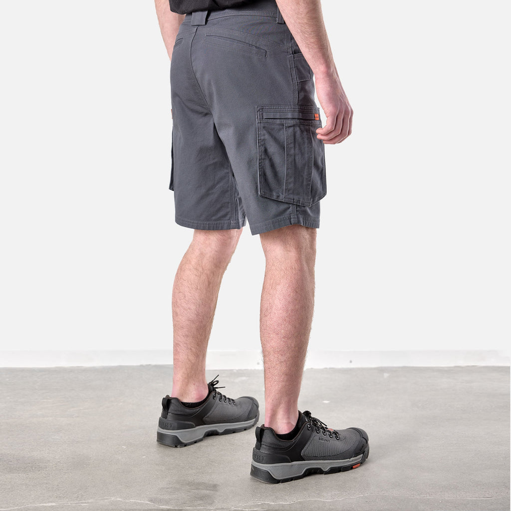 45 degree angle of back right side of BRUNT abrasion resistant cargo work shorts in charcoal * 2