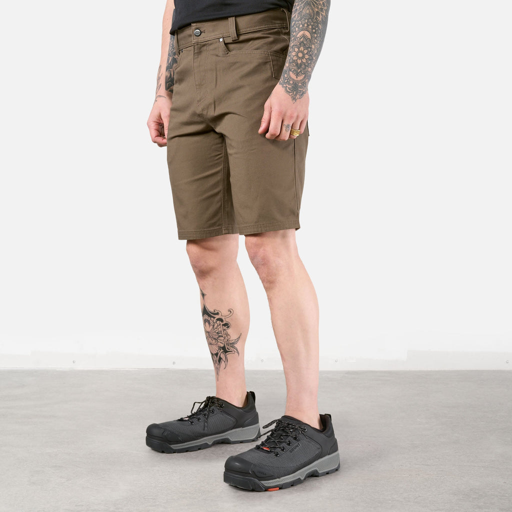 45 degree angle of front left of the BRUNT 11 inch water resistant stretch work short in brown * 1