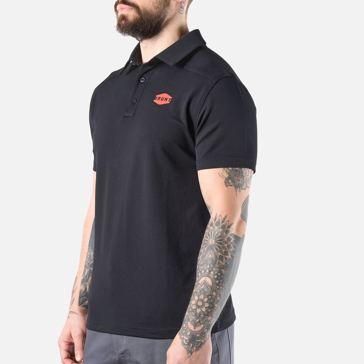45 degree angle of the left of the BRUNT lightweight breathable polo with UPF protection in black * 1
