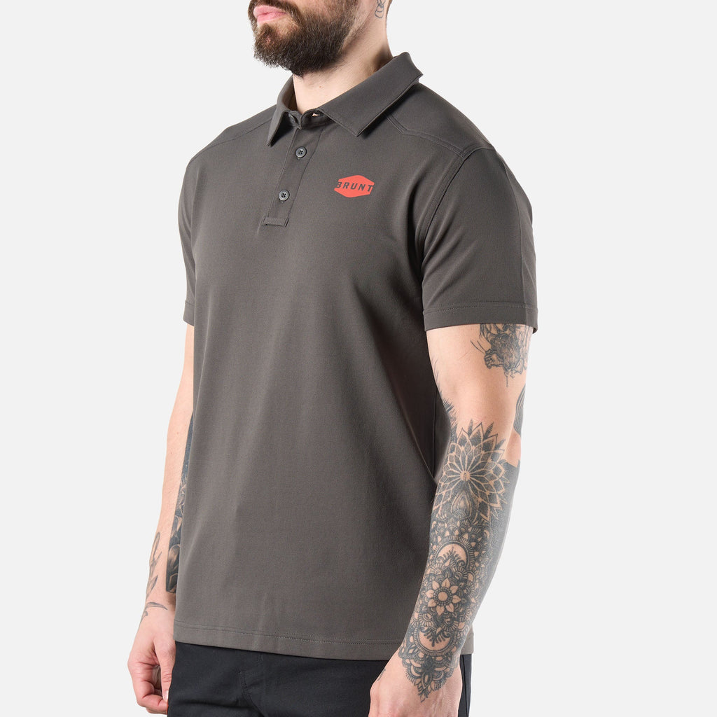 45 degree angle of the left of the BRUNT lightweight breathable polo with UPF protection in carbon * 0