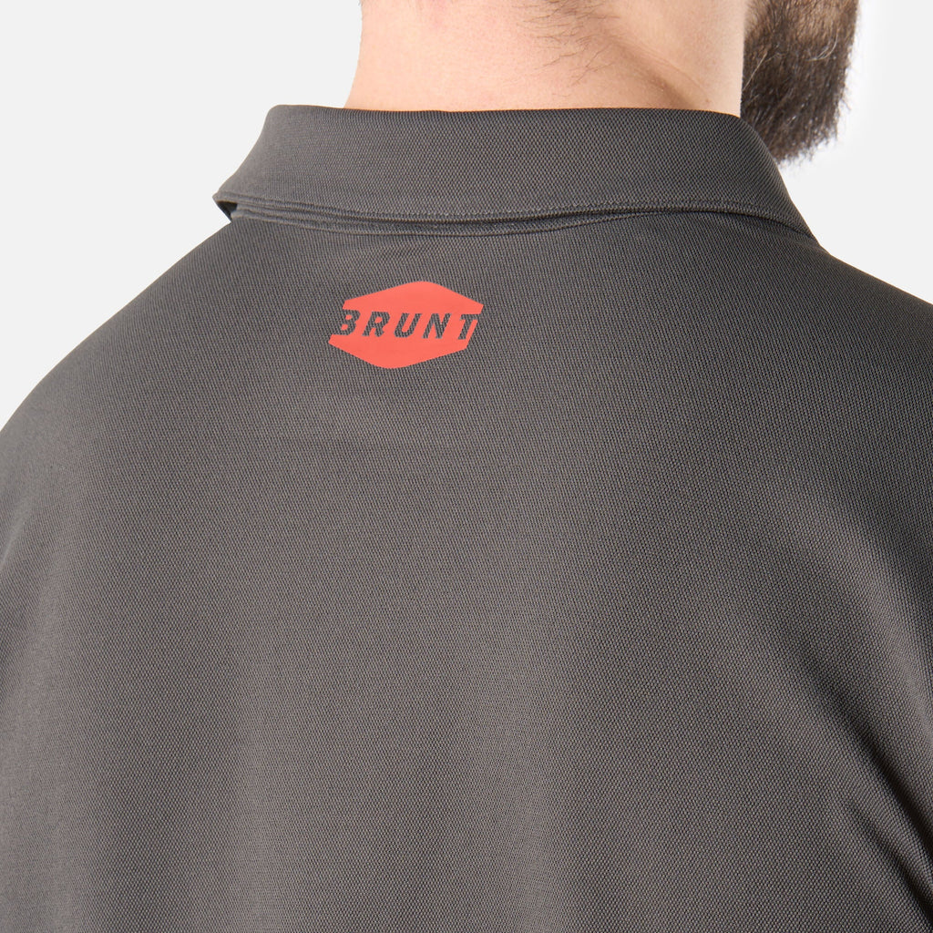 Close up of back collar of the BRUNT lightweight breathable polo with UPF protection in carbon * 0