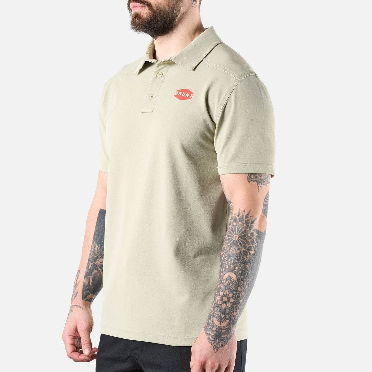 45 degree angle of the left of the BRUNT lightweight breathable polo with UPF protection in khaki * 2