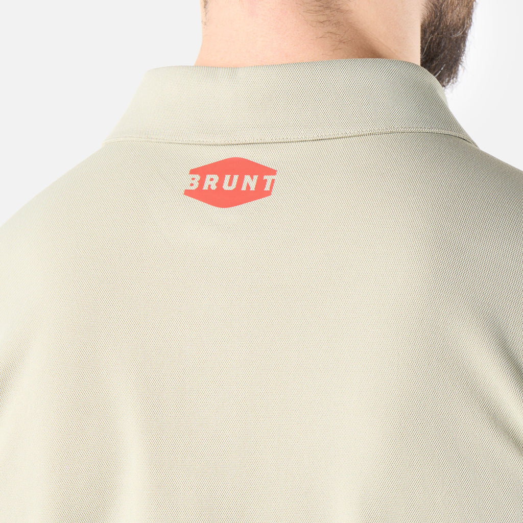 Close up of back collar of the BRUNT lightweight breathable polo with UPF protection in khaki * 2