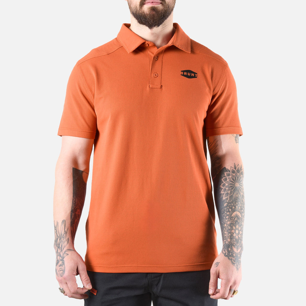 View 1 front of the BRUNT lightweight breathable polo with UPF protection in BRUNT orange * 4