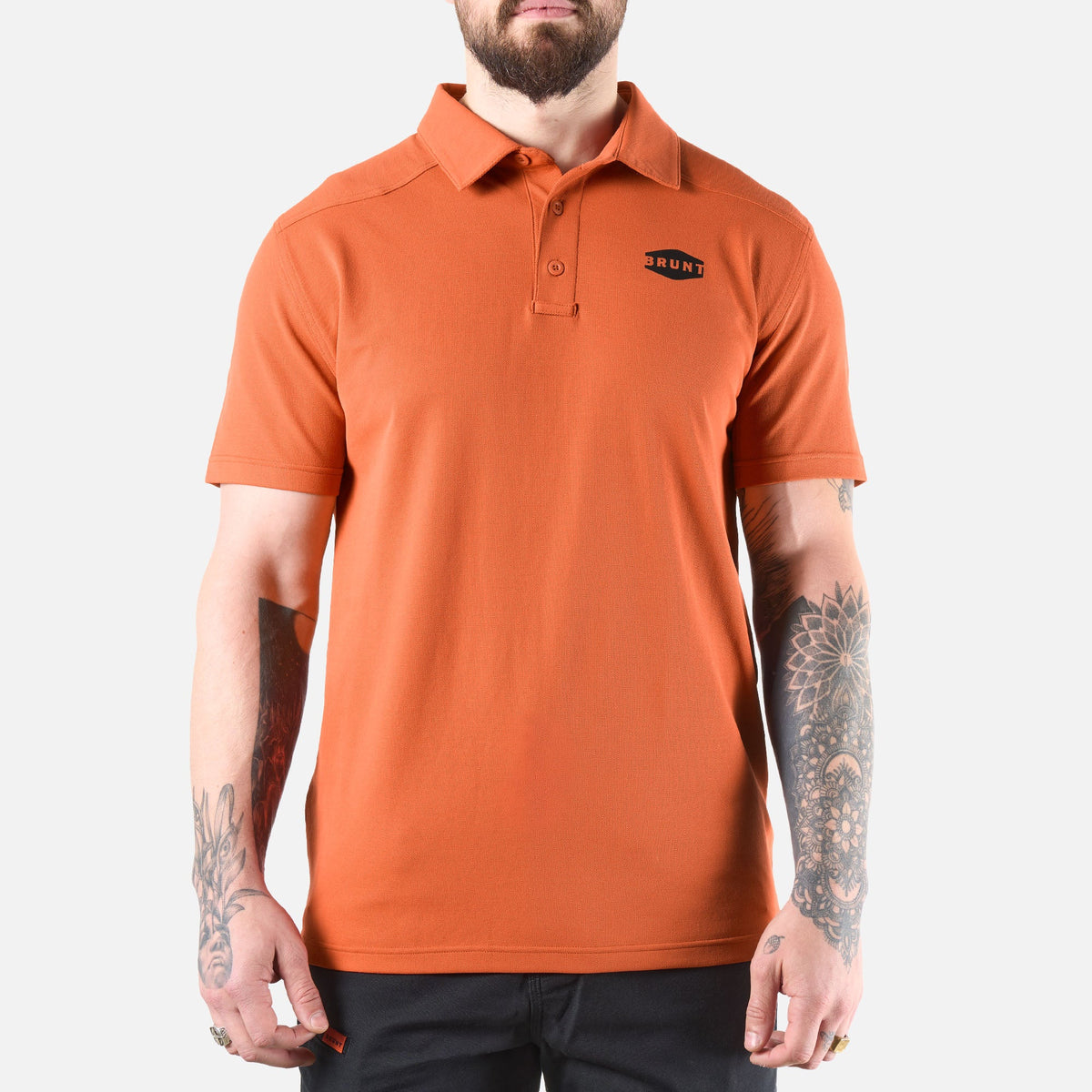View 1 front of the BRUNT lightweight breathable polo with UPF protection in BRUNT orange * 4