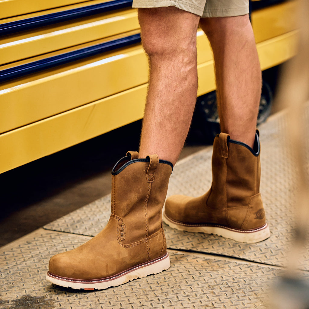 BRUNT 9 inch water-resistant unlined soft toe roper bolduc work boot in brown on the jobsite