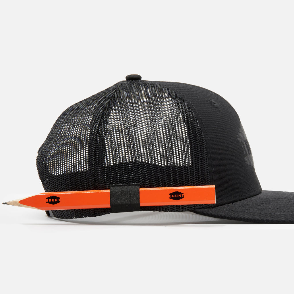 View 2 right side of curved brim work hat with built in pencil holder and BRUNT logo in black * 3