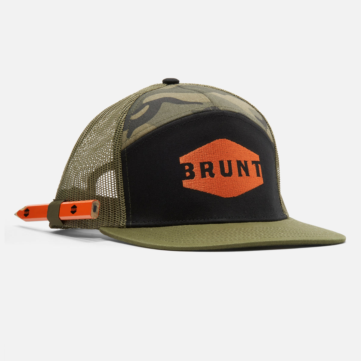 45 degree angle of front of flat brim work hat with built in pencil holder and BRUNT logo in army green camo