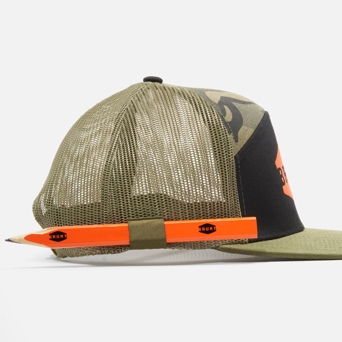 View 2 right side of flat brim work hat with built in pencil holder and BRUNT logo in army green camo * 4