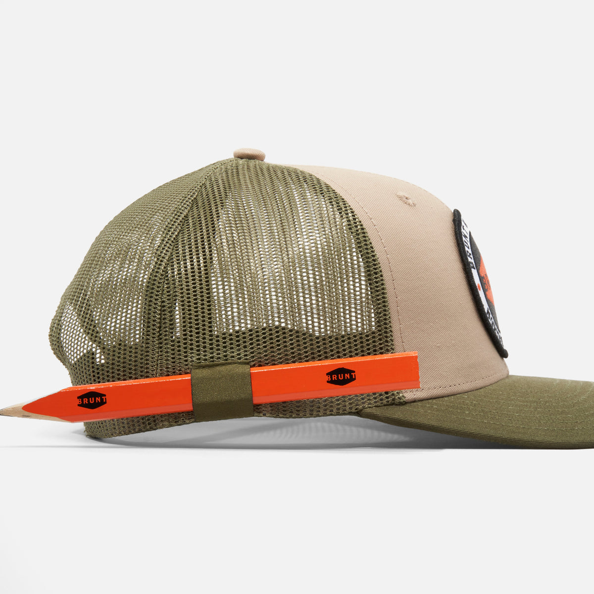 Right side of BRUNT curved brim work hat with built in pencil holder and BRUNT logo in army green