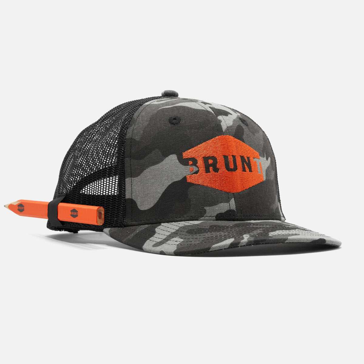 View 1 45 degree angle of front of BRUNT curved brim work hat with built in pencil holder and BRUNT logo in black camo * 2