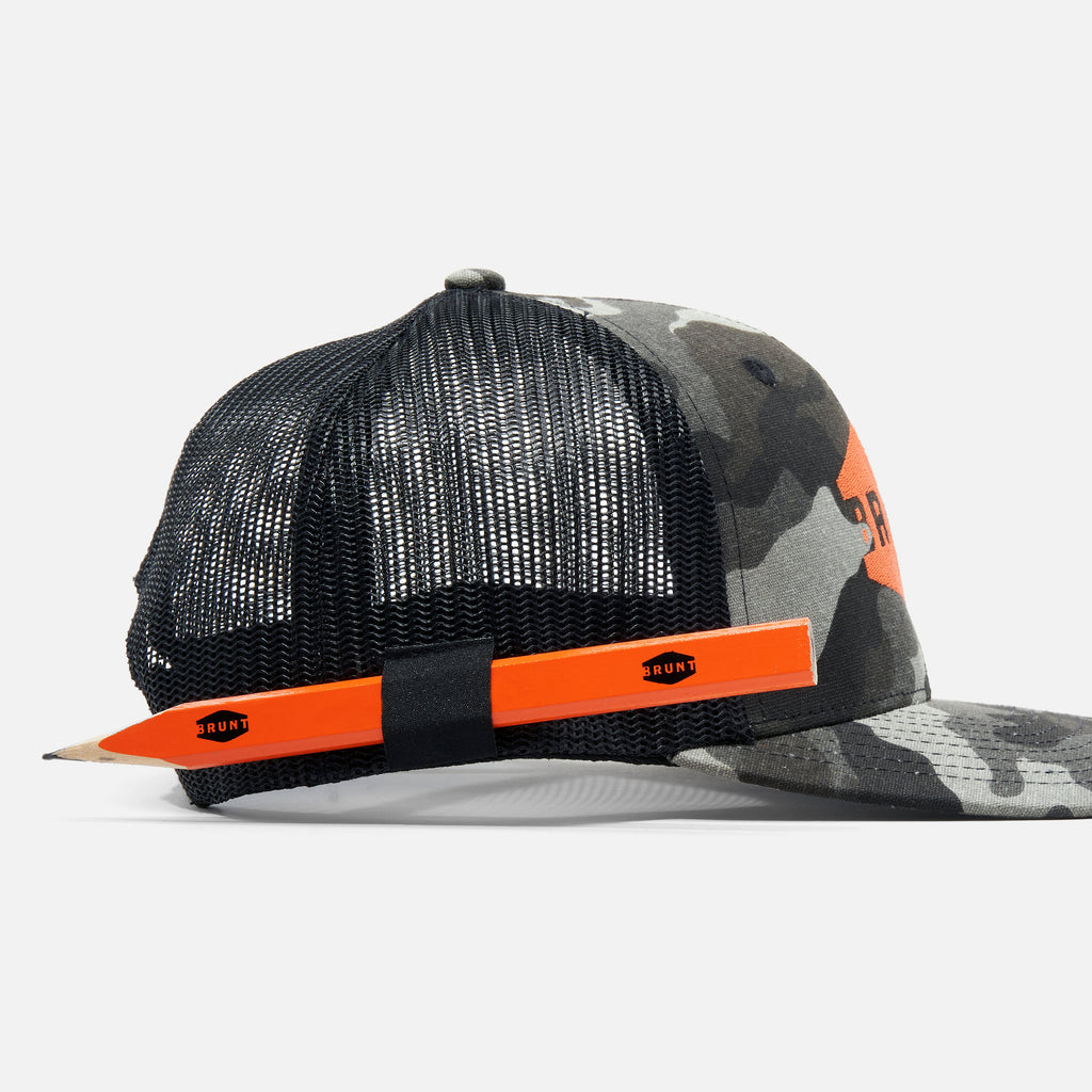 View 2 right side of curved brim work hat with built in pencil holder and BRUNT logo in black camo * 2