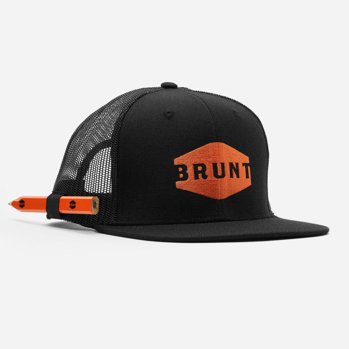 View 1 45 degree angle of front of flat brim work hat with built in pencil holder and BRUNT logo in black * 5
