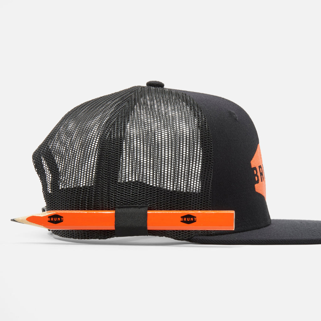 View 2 right side of flat brim work hat with built in pencil holder and BRUNT logo in black * 5