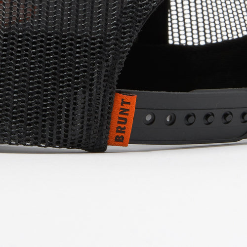 Back snaps of kids flat brim hat with built in pencil holder and BRUNT logo in black