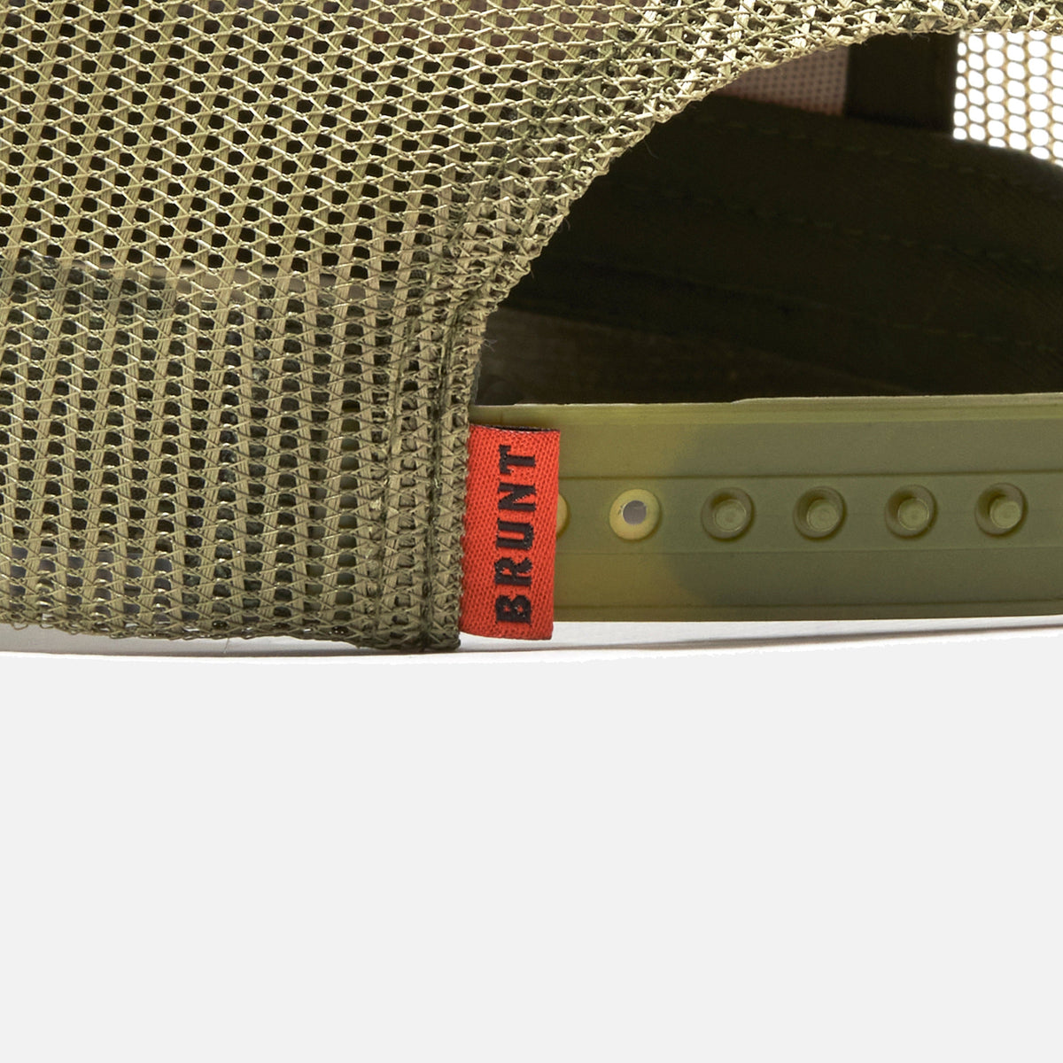 Back snaps of flat brim work hat with built in pencil holder and BRUNT logo in army green camo * 4