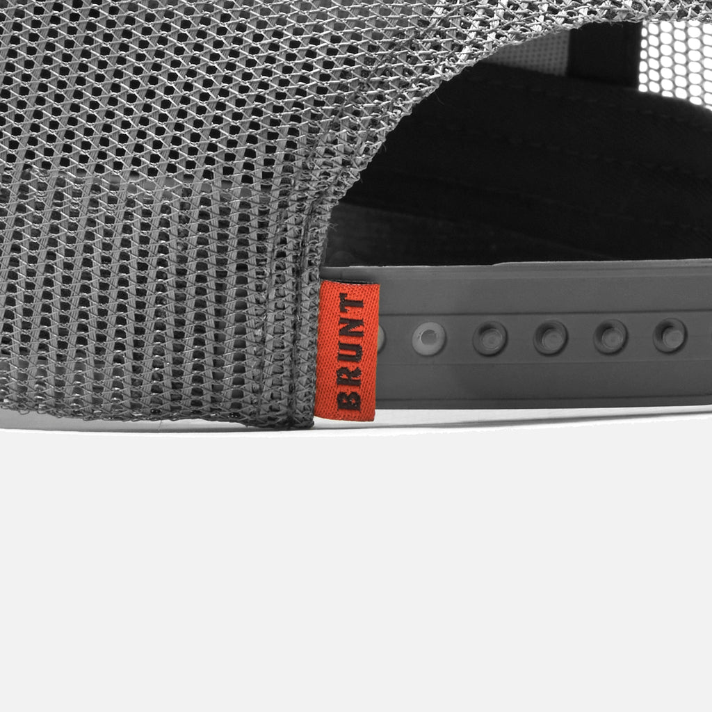 Back snaps of flat brim work hat with built in pencil holder and BRUNT logo in grey heather and orange * 2