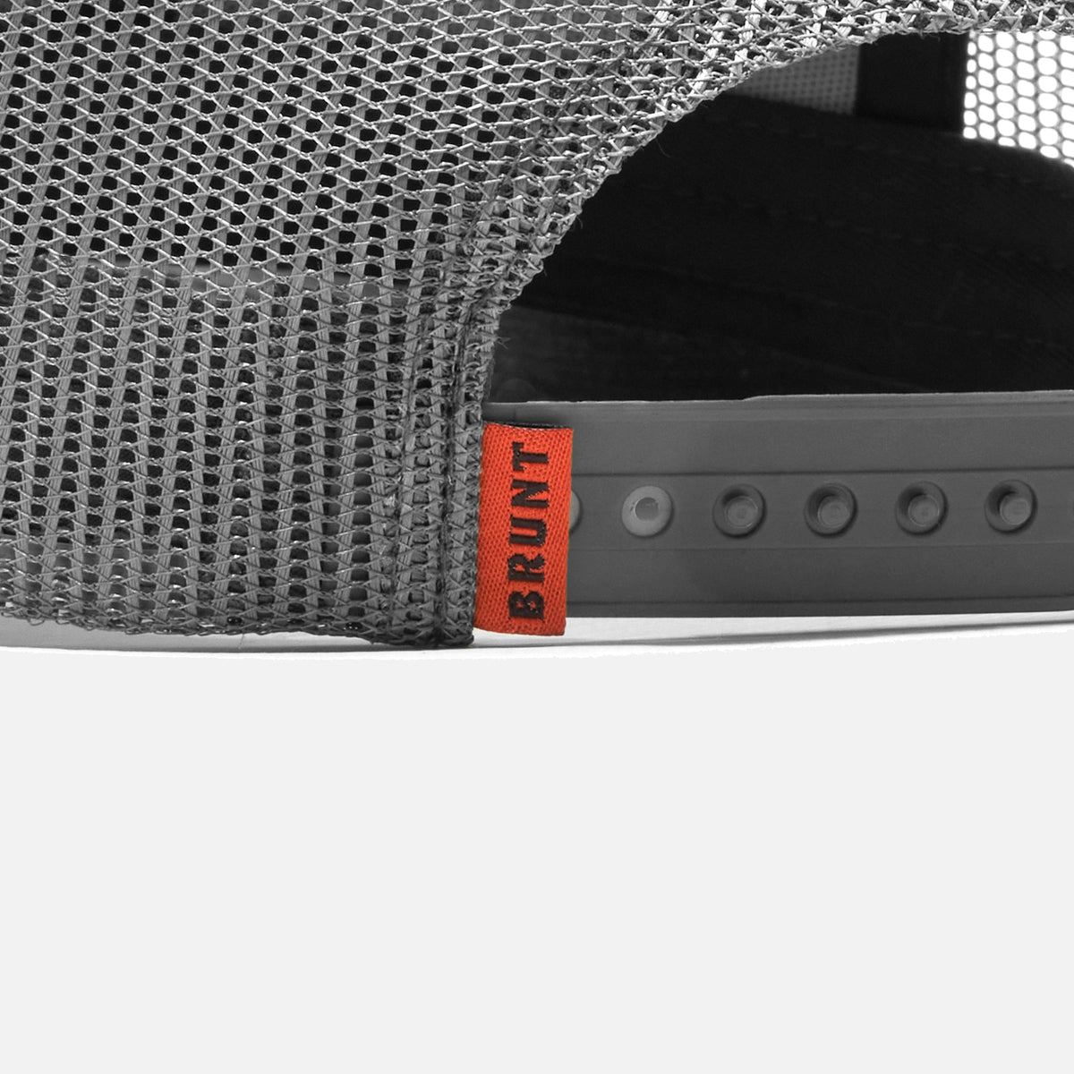 Back snaps of flat brim work hat with built in pencil holder and BRUNT logo in grey heather and orange * 2