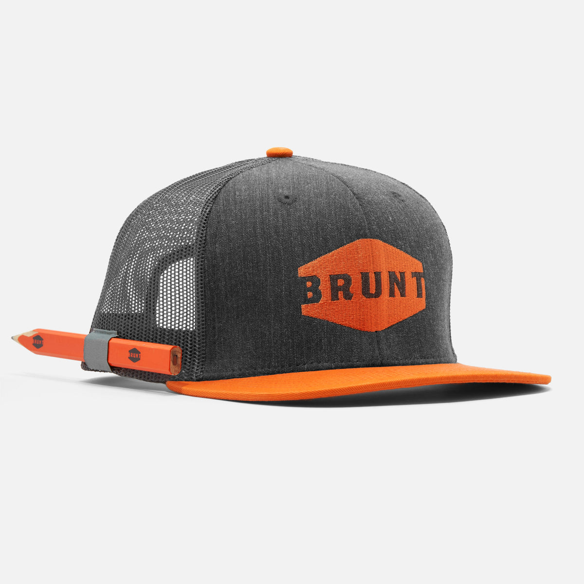 View 1 45 degree angle of front of flat brim work hat with built in pencil holder and BRUNT logo in grey heather and orange * 2