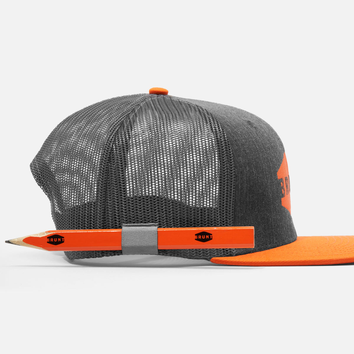 View 2 right side of flat brim work hat with built in pencil holder and BRUNT logo in grey heather and orange * 2