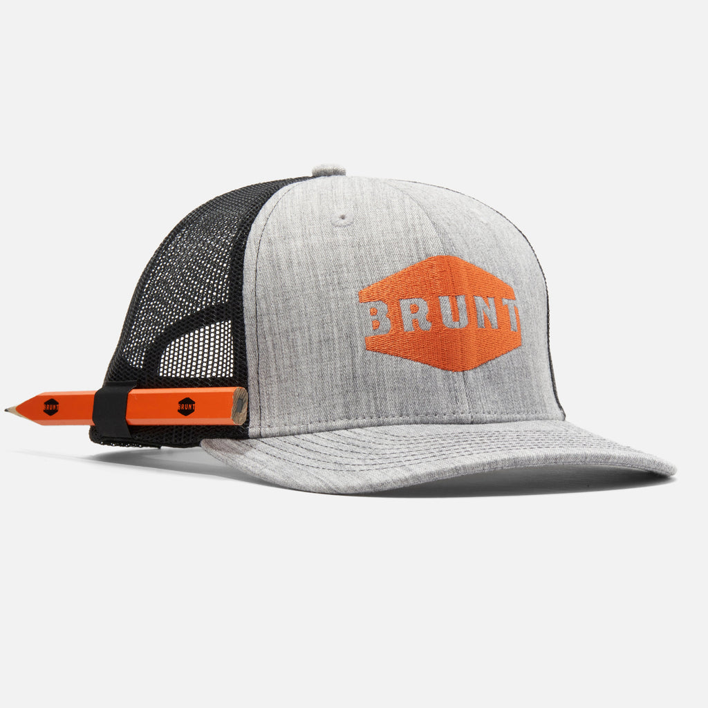 View 1 45 degree angle of front of BRUNT curved brim work hat with built in pencil holder and BRUNT logo in grey * 4