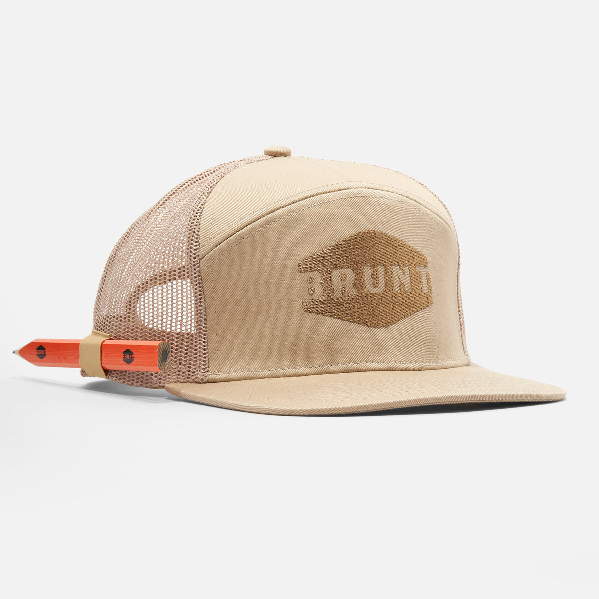 View 1 45 degree angle of front of flat brim work hat with built in pencil holder and BRUNT logo in khaki * 6