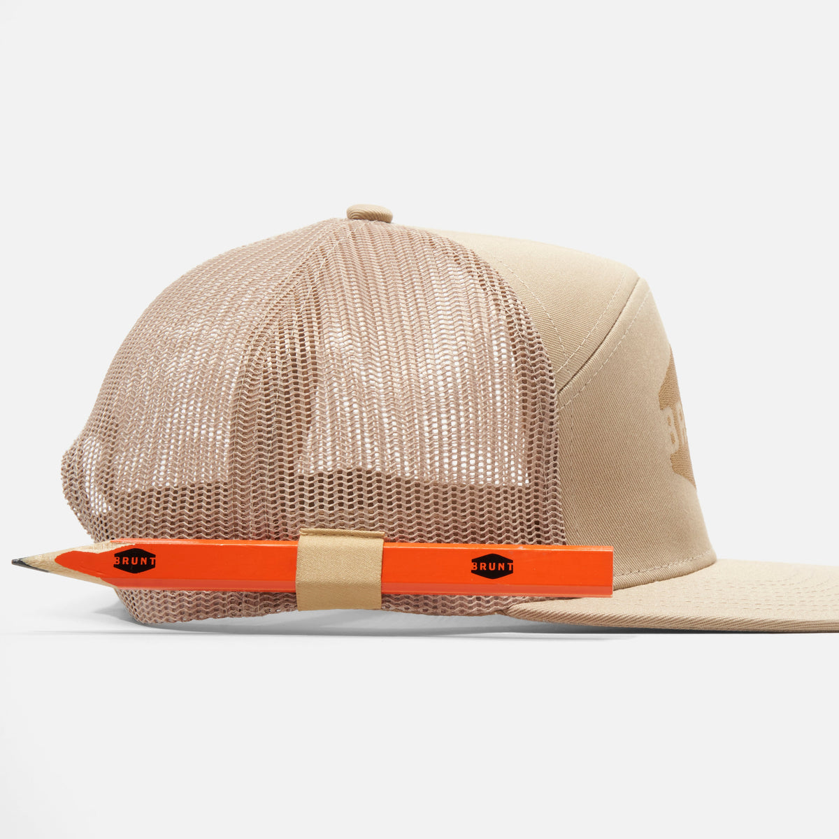 View 2 right side of flat brim work hat with built in pencil holder and BRUNT logo in khaki * 6